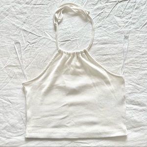 PIECES Ribbed Cotton Knit Halter Crop Top in White size XS